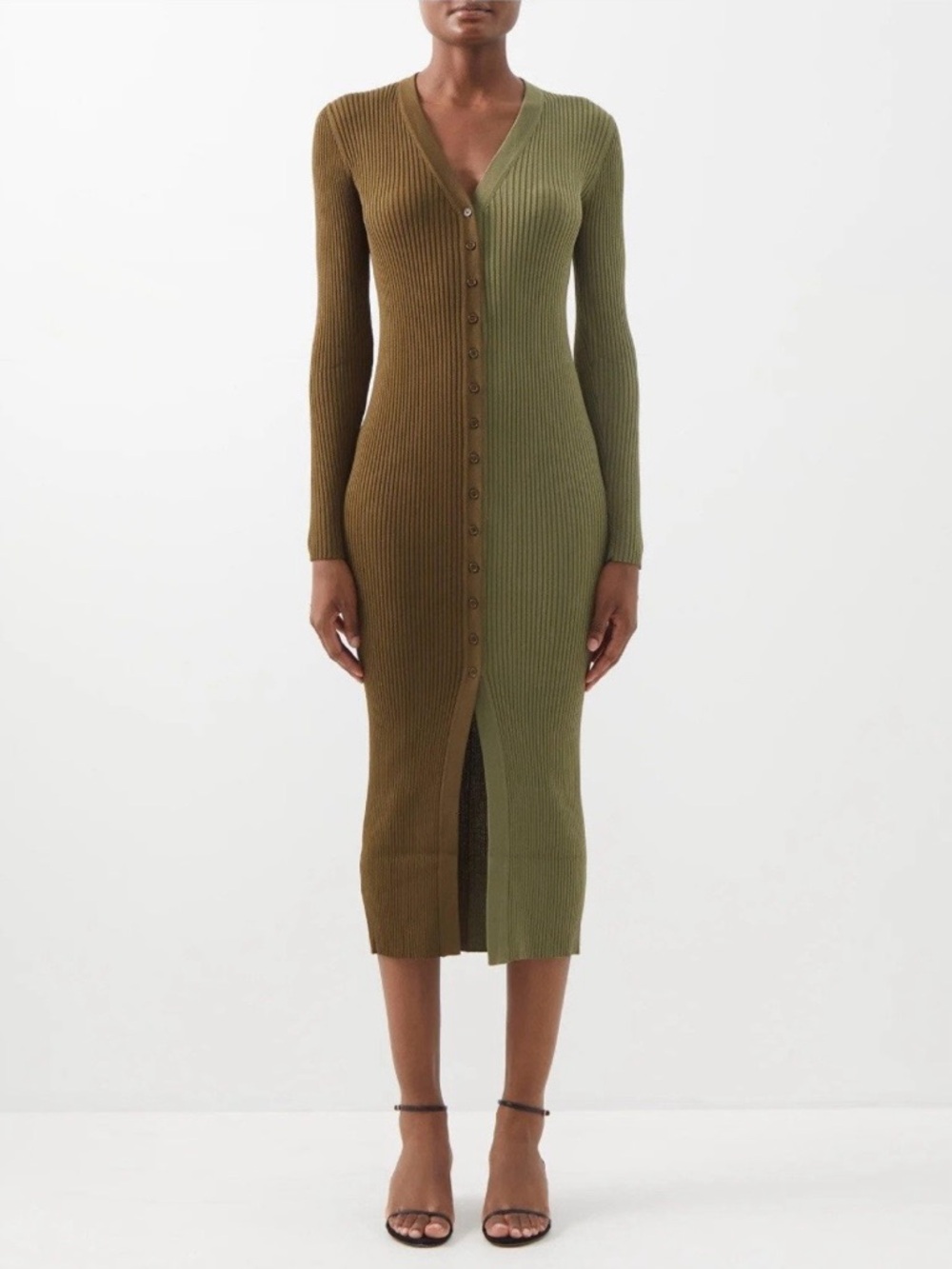 STAUD Shoko Two-Tone Ribbed Button-Front Midi Sweater Bodycon Dress Size M